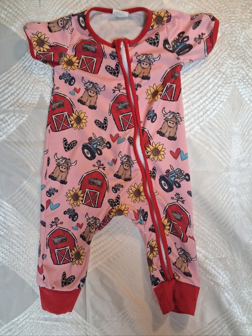 Kids Pink Farm-Print One-Piece Zip Up with Red Trim